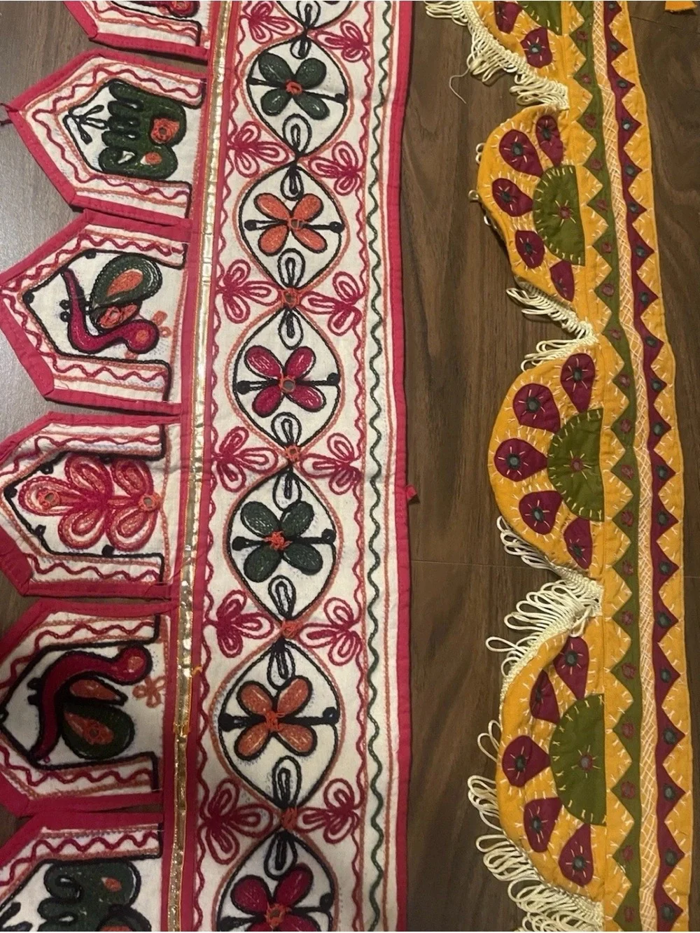 Vtg lot of 2 Toran valances/ boho wallhangings hand embroidered mirrors